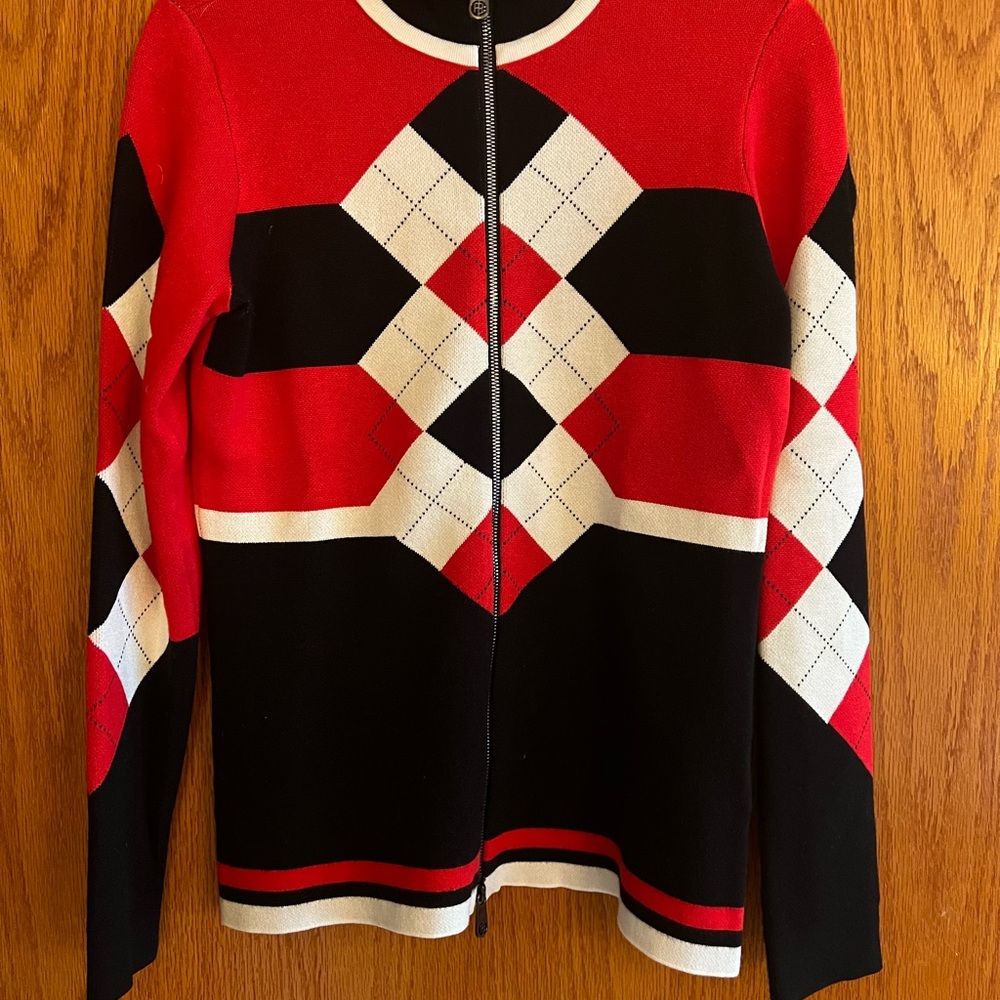 Red and Black Poivre Blanc Argyle Zip-Up Ski Sweater